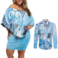 Aotearoa Maori Wahine Couples Matching Off Shoulder Short Dress and Long Sleeve Button Shirt Fantail Bird Blue Gold Marble