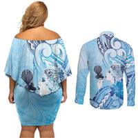 Aotearoa Maori Wahine Couples Matching Off Shoulder Short Dress and Long Sleeve Button Shirt Fantail Bird Blue Gold Marble