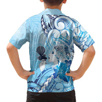 Aotearoa Maori Wahine Family Matching Long Sleeve Bodycon Dress and Hawaiian Shirt Fantail Bird Blue Gold Marble LT05 - Polynesian Pride