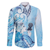 Aotearoa Maori Wahine Family Matching Long Sleeve Bodycon Dress and Hawaiian Shirt Fantail Bird Blue Gold Marble LT05 Dad's Shirt - Long Sleeve Blue - Polynesian Pride