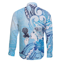Aotearoa Maori Wahine Family Matching Long Sleeve Bodycon Dress and Hawaiian Shirt Fantail Bird Blue Gold Marble LT05 - Polynesian Pride