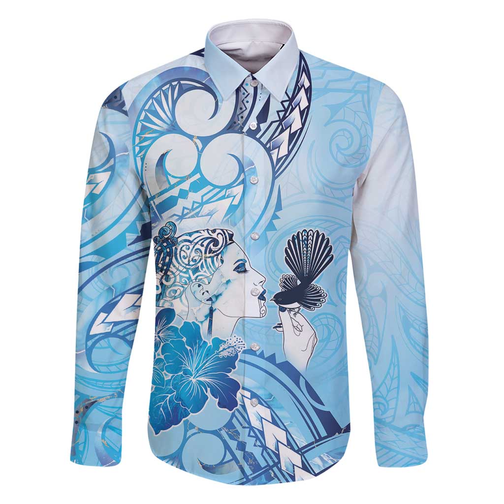 Aotearoa Maori Wahine Family Matching Mermaid Dress and Hawaiian Shirt Fantail Bird Blue Gold Marble