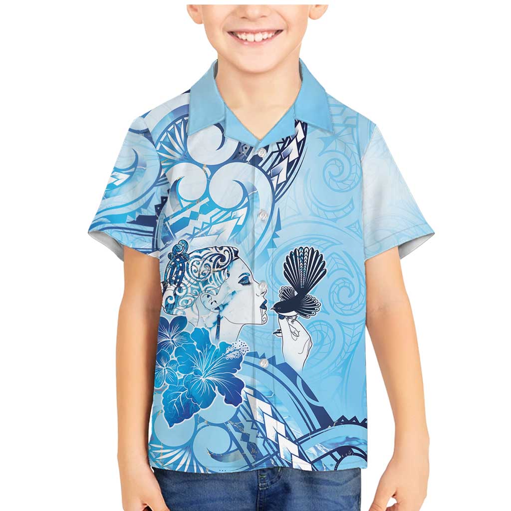 Aotearoa Maori Wahine Family Matching Mermaid Dress and Hawaiian Shirt Fantail Bird Blue Gold Marble