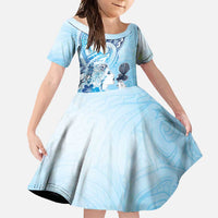 Aotearoa Maori Wahine Family Matching Off Shoulder Maxi Dress and Hawaiian Shirt Fantail Bird Blue Gold Marble