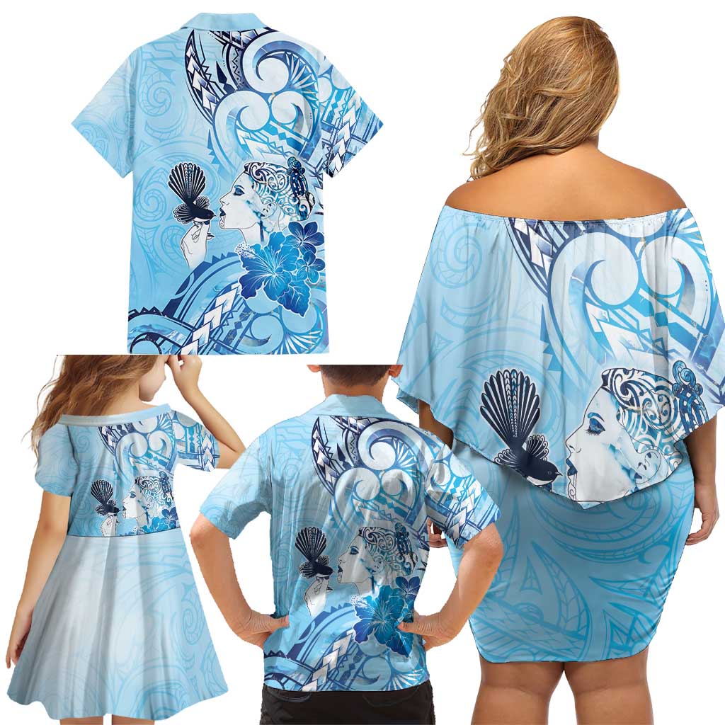 Aotearoa Maori Wahine Family Matching Off Shoulder Short Dress and Hawaiian Shirt Fantail Bird Blue Gold Marble