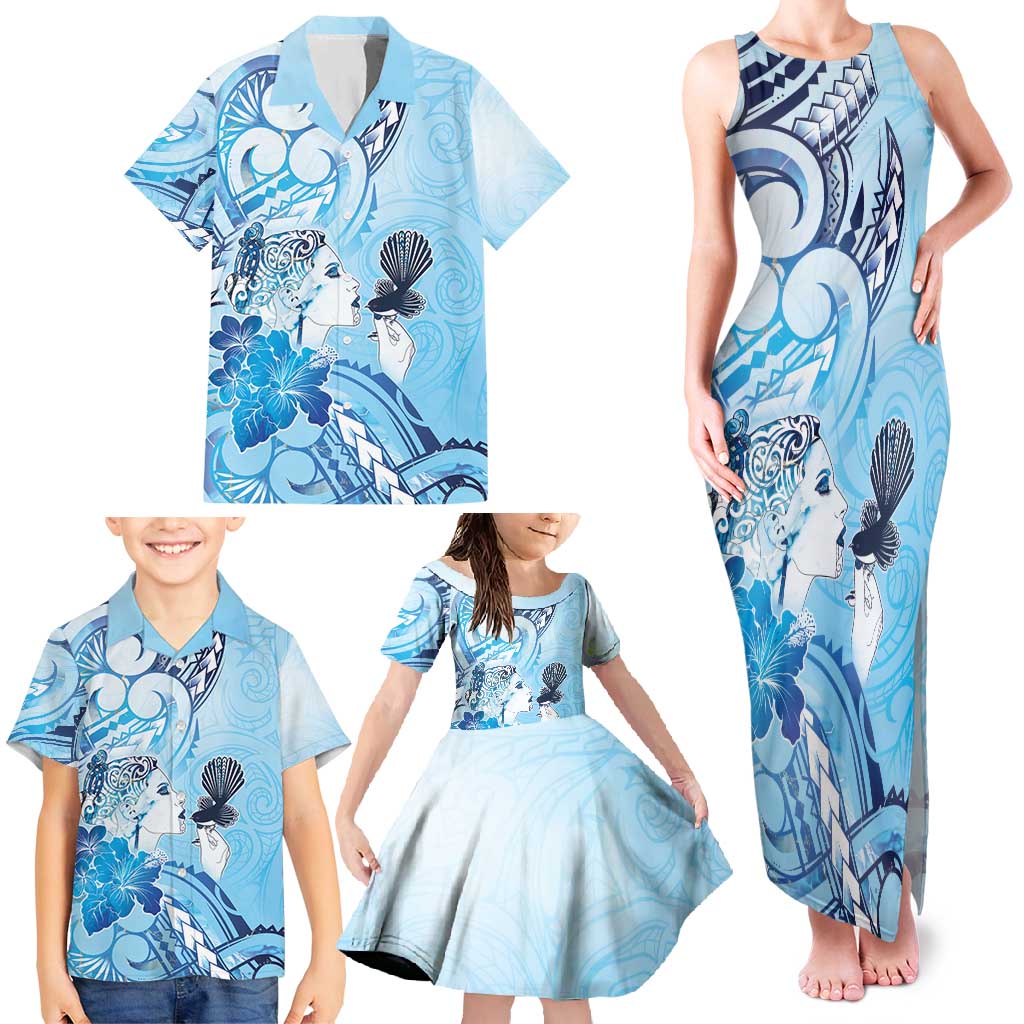Aotearoa Maori Wahine Family Matching Tank Maxi Dress and Hawaiian Shirt Fantail Bird Blue Gold Marble