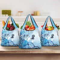 Aotearoa Maori Wahine Grocery Bag Fantail Bird Blue Gold Marble
