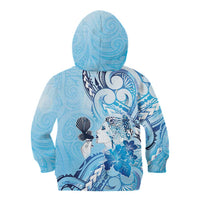 Aotearoa Maori Wahine Kid Hoodie Fantail Bird Blue Gold Marble