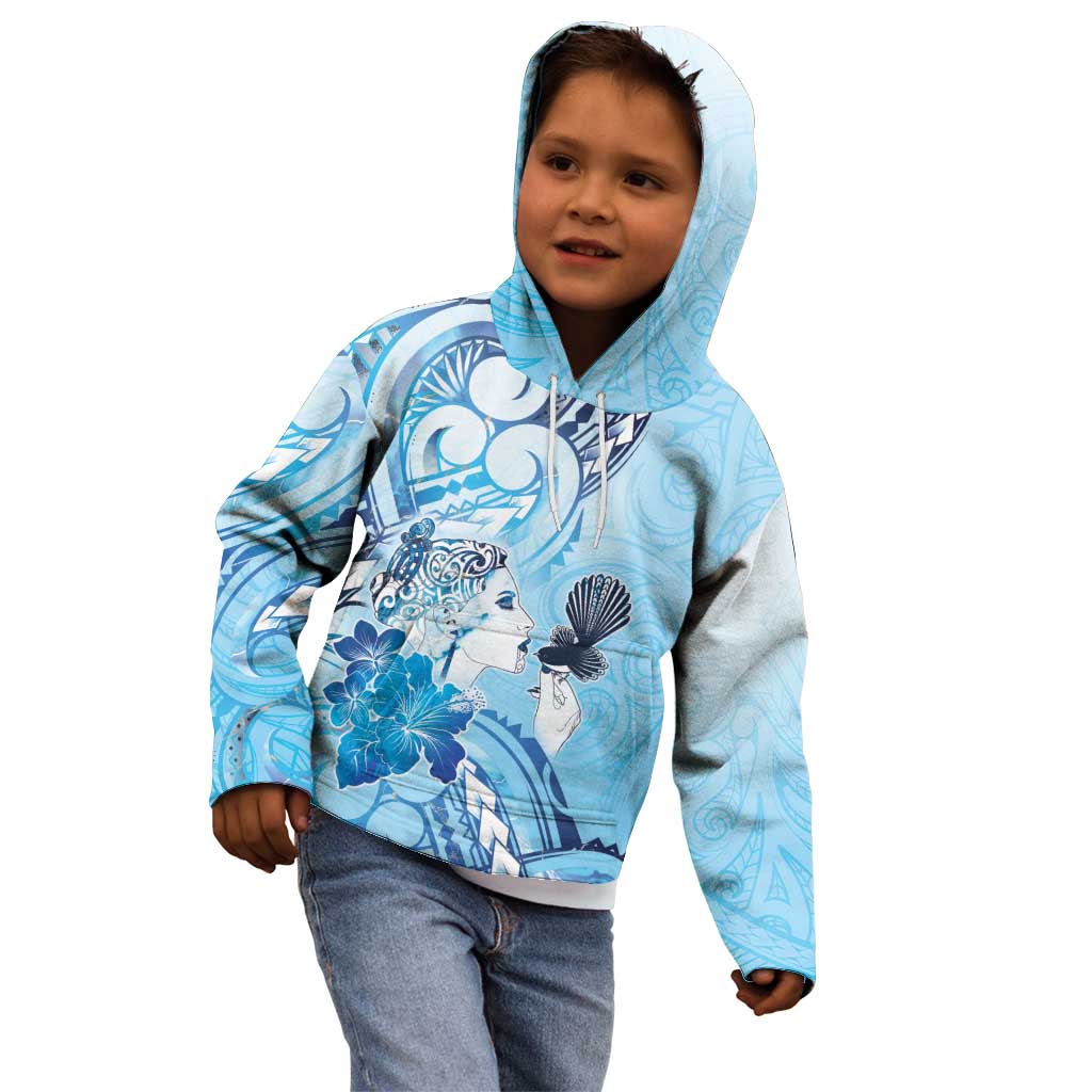 Aotearoa Maori Wahine Kid Hoodie Fantail Bird Blue Gold Marble