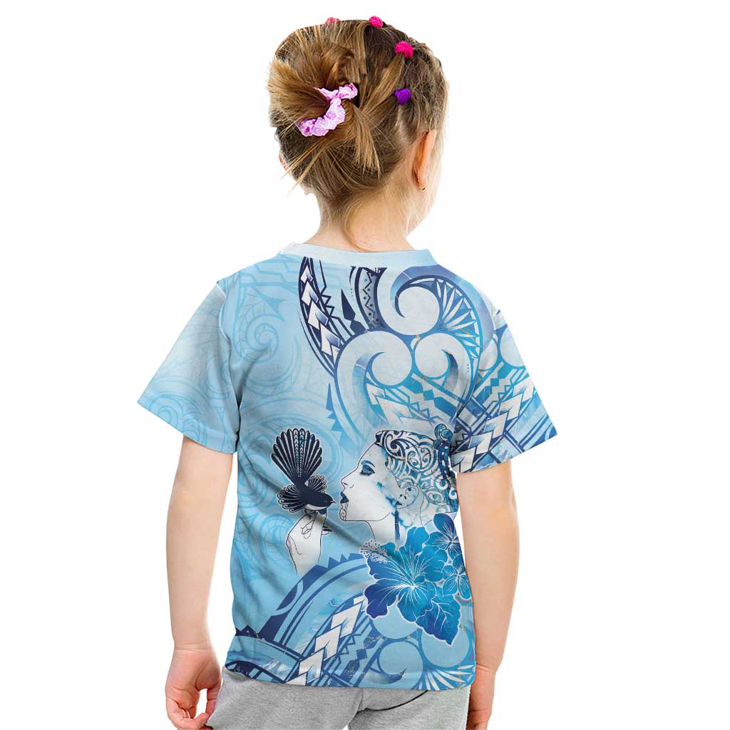 Aotearoa Maori Wahine Kid T Shirt Fantail Bird Blue Gold Marble