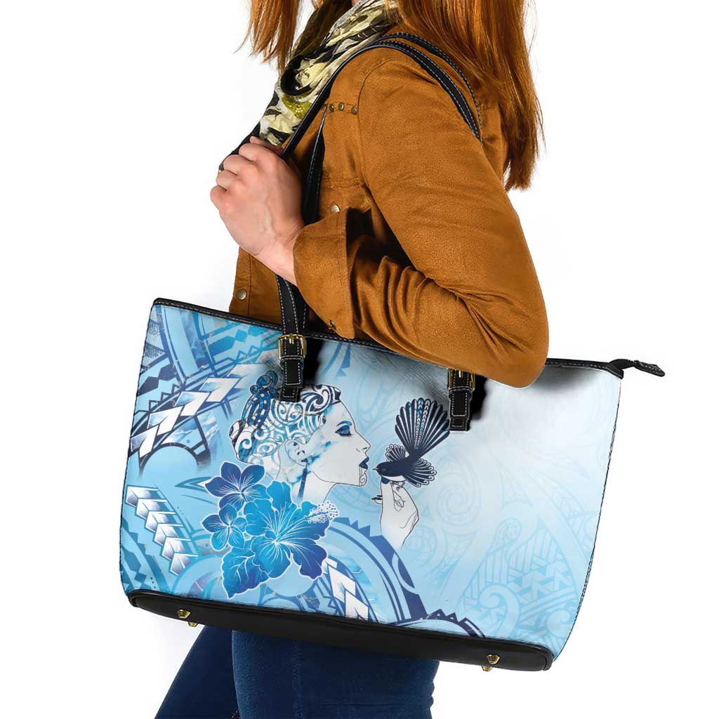 Aotearoa Maori Wahine Leather Tote Bag Fantail Bird Blue Gold Marble LT05 Blue - Polynesian Pride