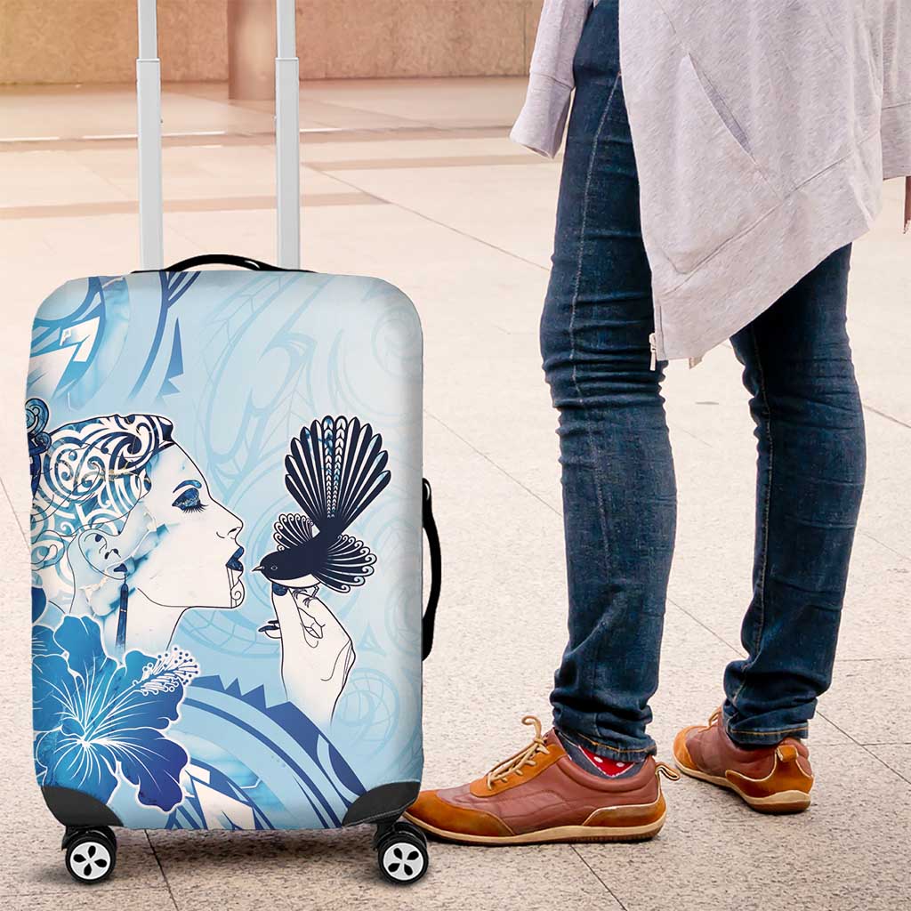Aotearoa Maori Wahine Luggage Cover Fantail Bird Blue Gold Marble LT05 Blue - Polynesian Pride