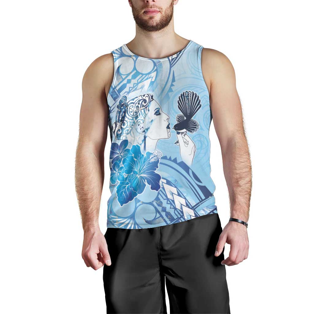 Aotearoa Maori Wahine Men Tank Top Fantail Bird Blue Gold Marble