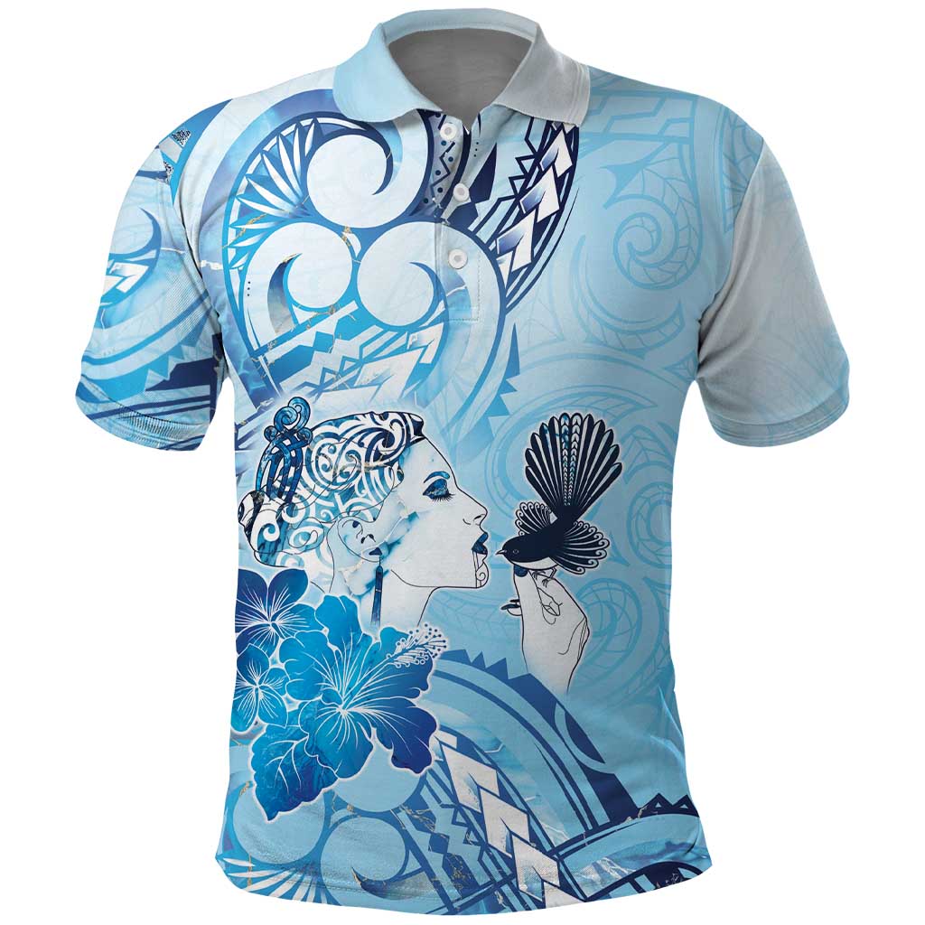 Aotearoa Maori Wahine Polo Shirt Fantail Bird Blue Gold Marble