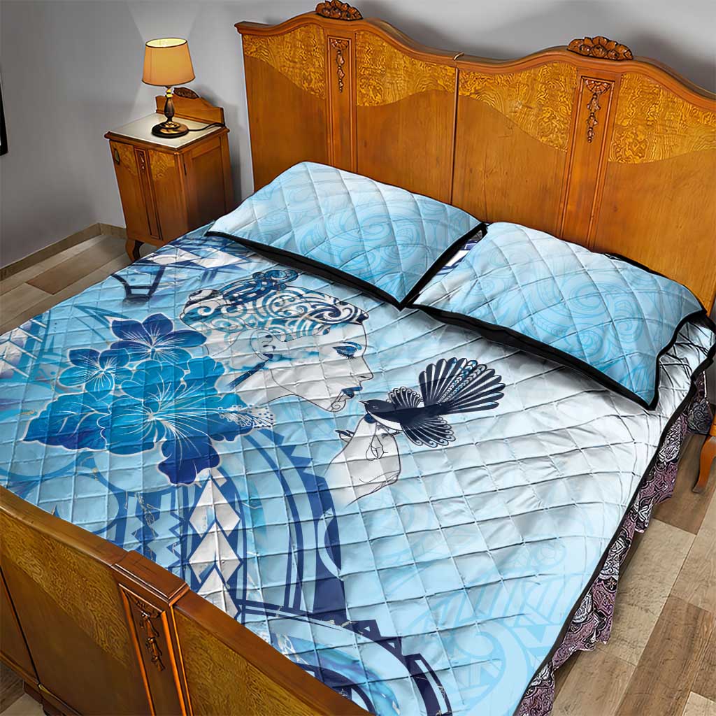 Aotearoa Maori Wahine Quilt Bed Set Fantail Bird Blue Gold Marble