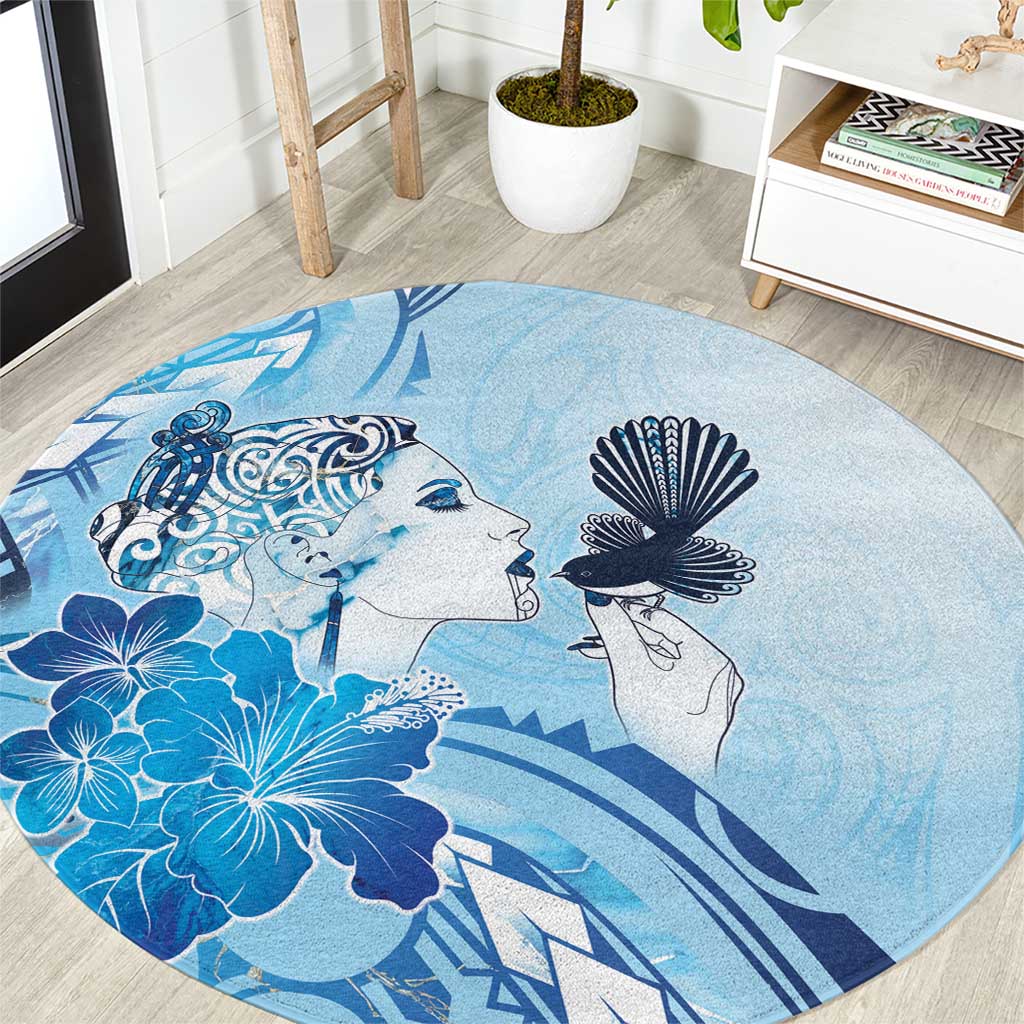 Aotearoa Maori Wahine Round Carpet Fantail Bird Blue Gold Marble LT05 Blue - Polynesian Pride