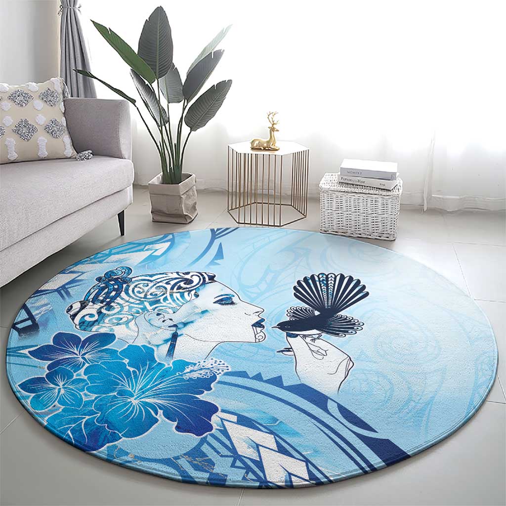 Aotearoa Maori Wahine Round Carpet Fantail Bird Blue Gold Marble LT05 - Polynesian Pride