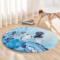 Aotearoa Maori Wahine Round Carpet Fantail Bird Blue Gold Marble LT05 - Polynesian Pride