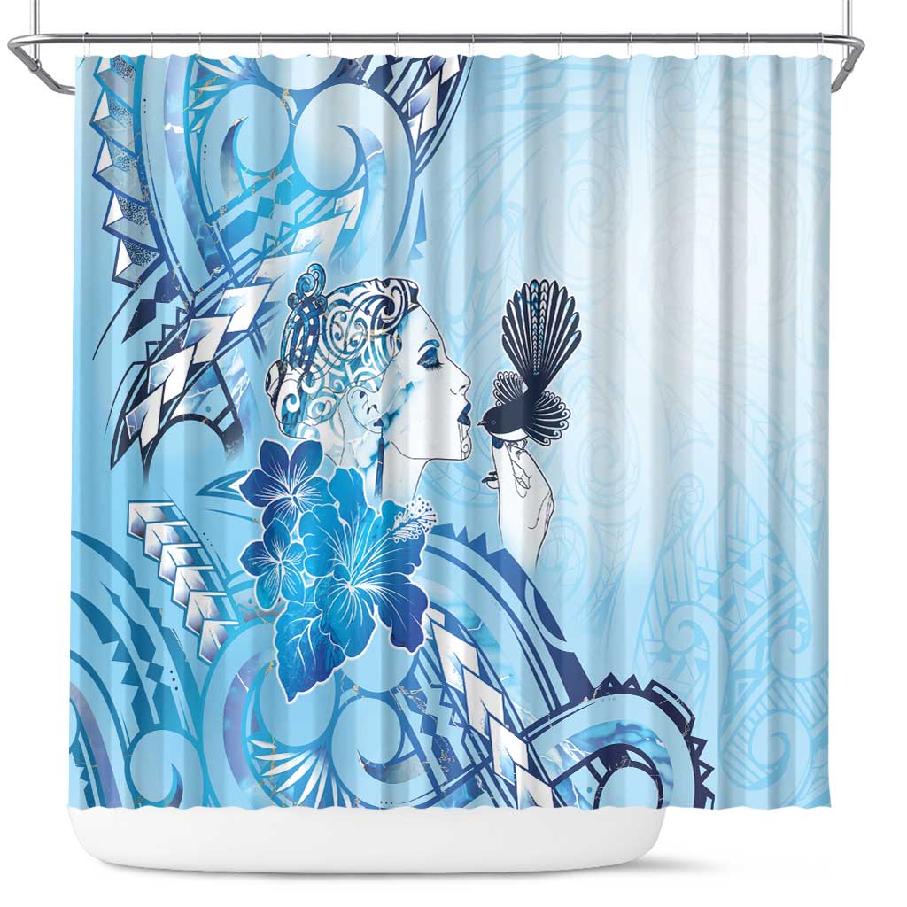 Aotearoa Maori Wahine Shower Curtain Fantail Bird Blue Gold Marble LT05 Blue - Polynesian Pride
