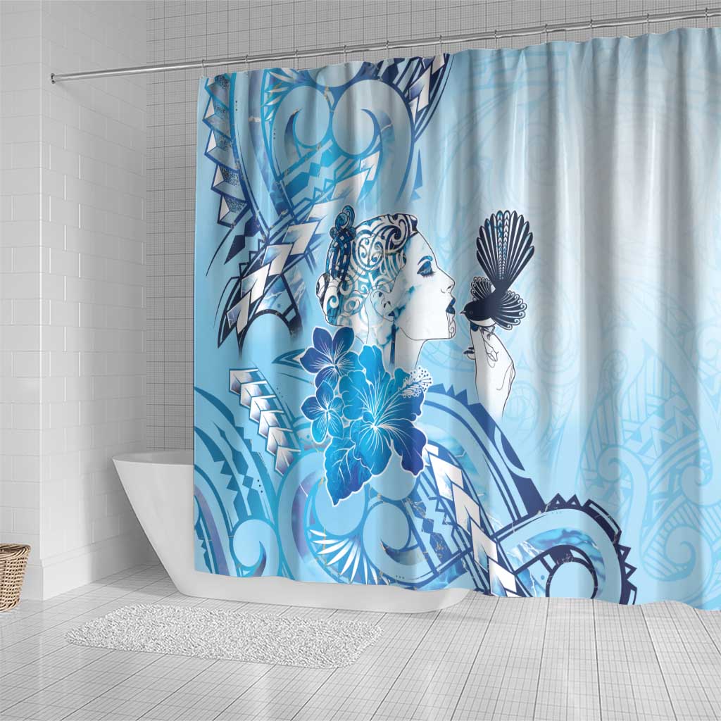 Aotearoa Maori Wahine Shower Curtain Fantail Bird Blue Gold Marble LT05 - Polynesian Pride