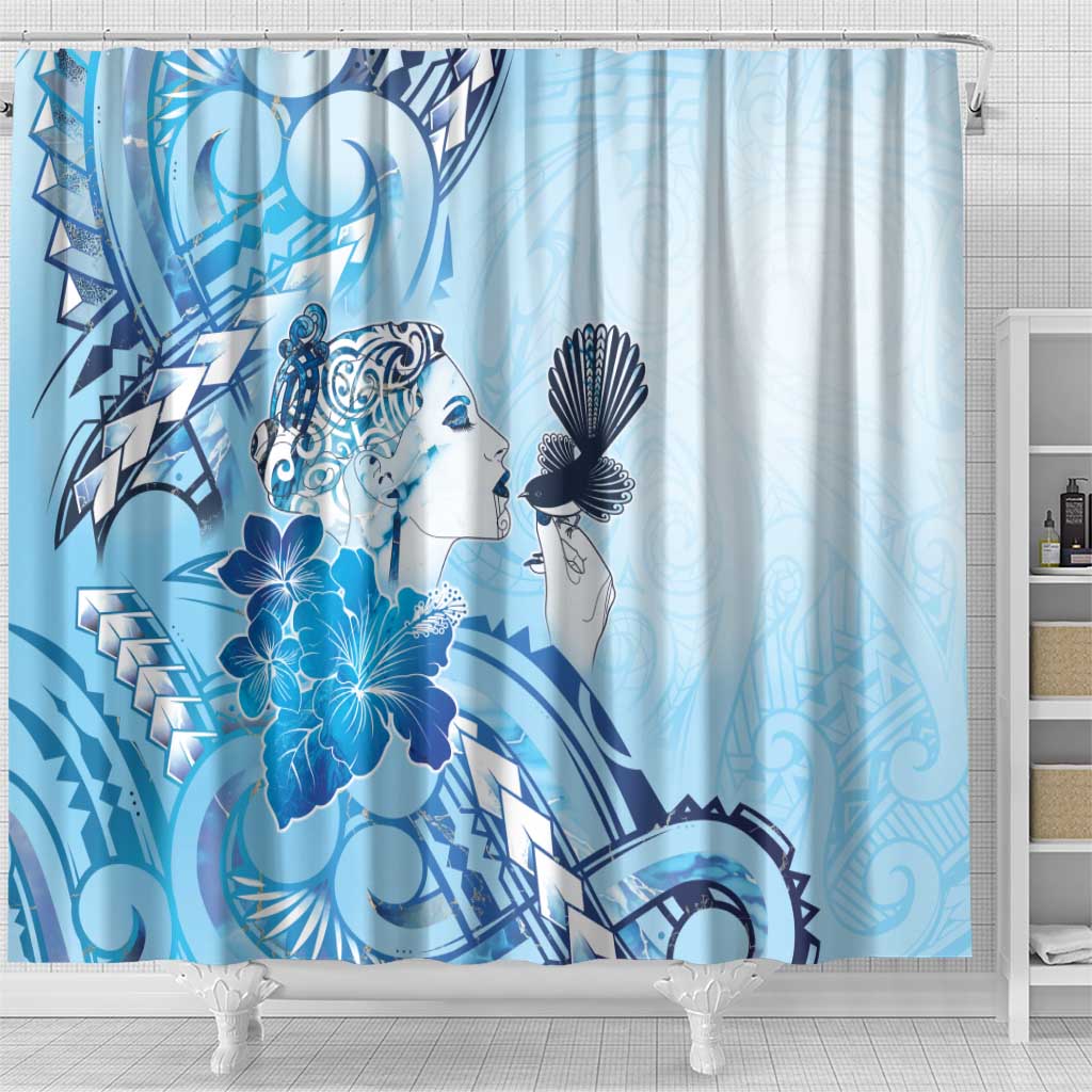 Aotearoa Maori Wahine Shower Curtain Fantail Bird Blue Gold Marble LT05 - Polynesian Pride