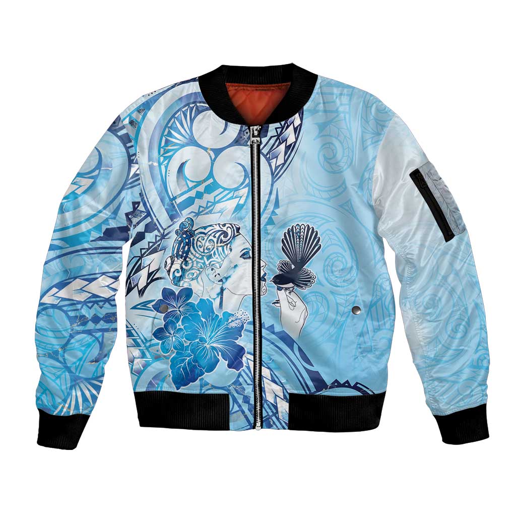 Aotearoa Maori Wahine Sleeve Zip Bomber Jacket Fantail Bird Blue Gold Marble LT05 Unisex Blue - Polynesian Pride