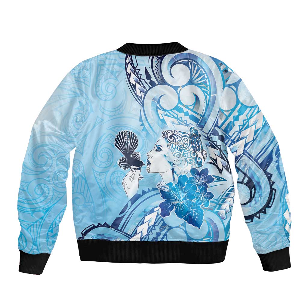 Aotearoa Maori Wahine Sleeve Zip Bomber Jacket Fantail Bird Blue Gold Marble LT05 - Polynesian Pride