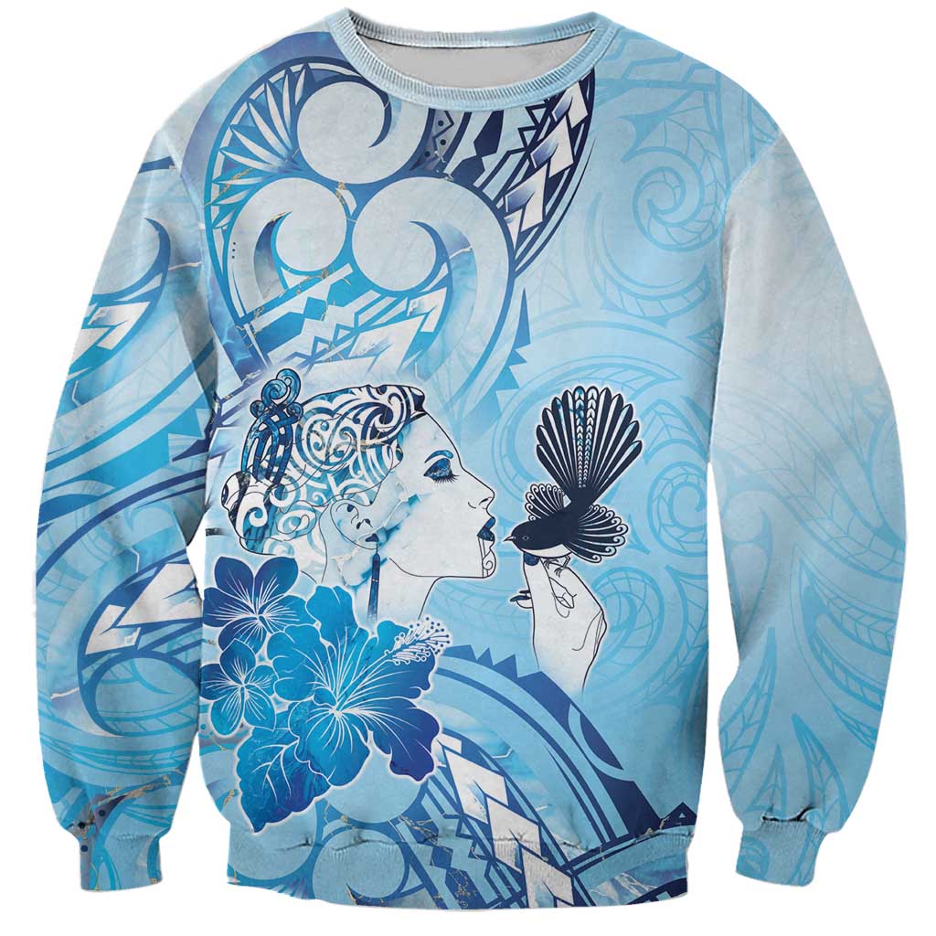 Aotearoa Maori Wahine Sweatshirt Fantail Bird Blue Gold Marble