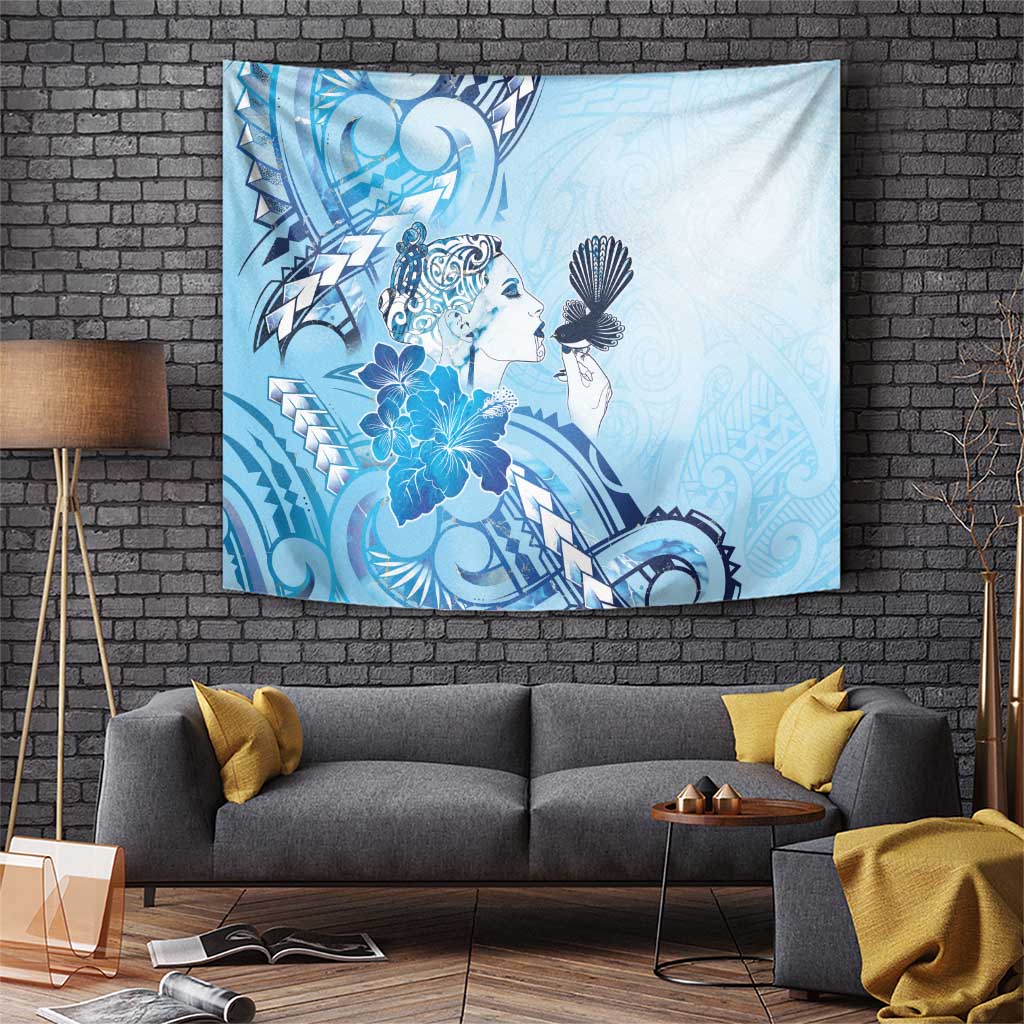 Aotearoa Maori Wahine Tapestry Fantail Bird Blue Gold Marble LT05 Blue - Polynesian Pride