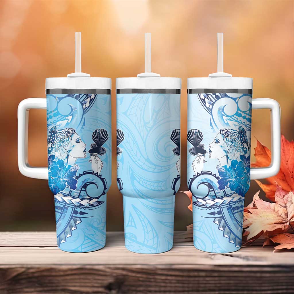 Aotearoa Maori Wahine Tumbler With Handle Fantail Bird Blue Gold Marble