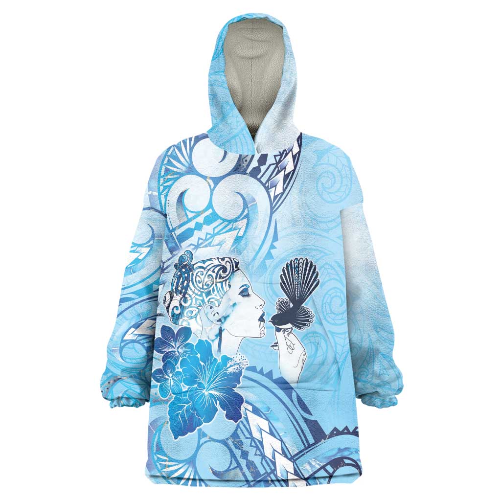 Aotearoa Maori Wahine Wearable Blanket Hoodie Fantail Bird Blue Gold Marble LT05 One Size Blue - Polynesian Pride