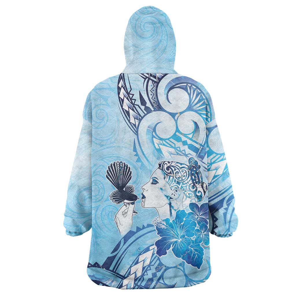 Aotearoa Maori Wahine Wearable Blanket Hoodie Fantail Bird Blue Gold Marble
