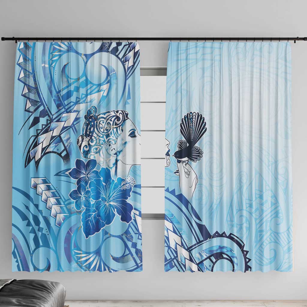 Aotearoa Maori Wahine Window Curtain Fantail Bird Blue Gold Marble LT05 With Hooks Blue - Polynesian Pride