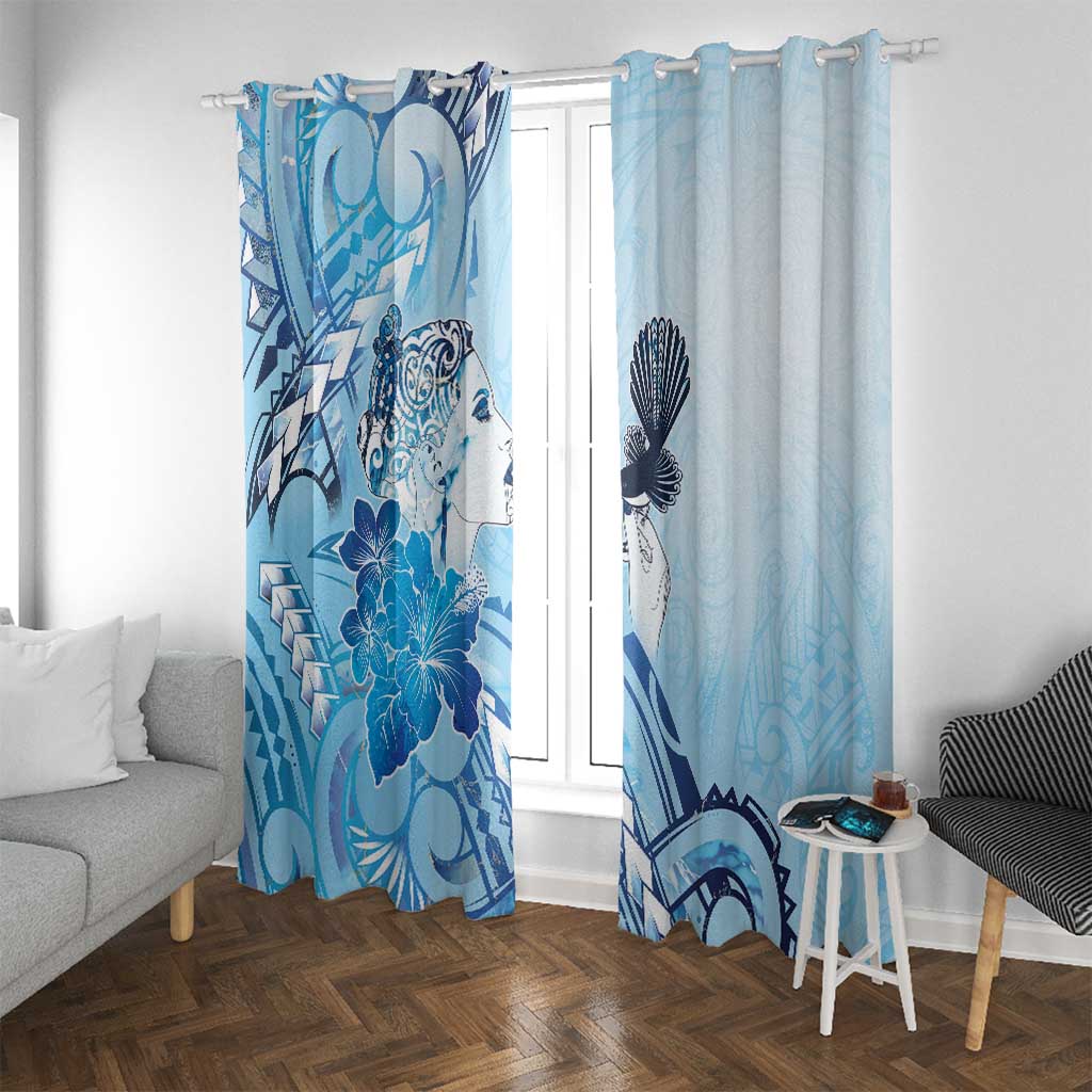 Aotearoa Maori Wahine Window Curtain Fantail Bird Blue Gold Marble