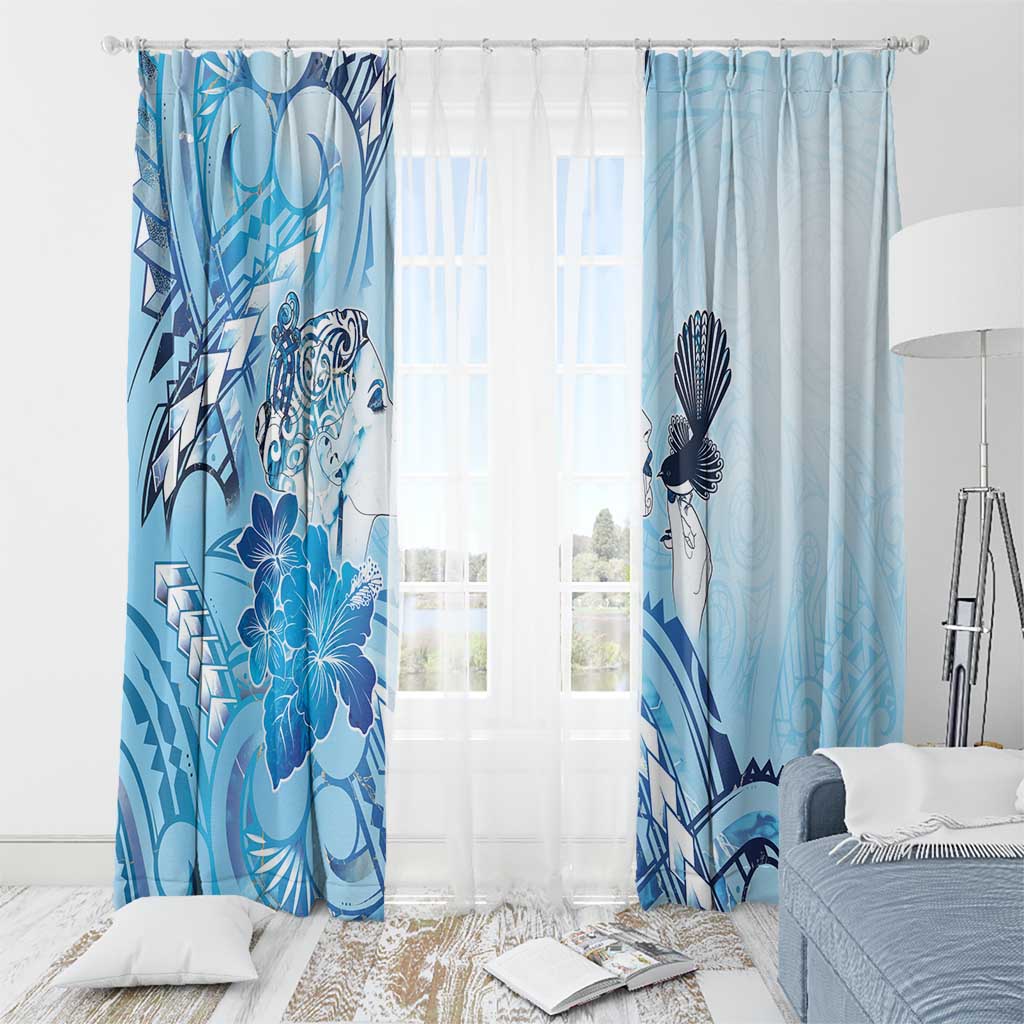 Aotearoa Maori Wahine Window Curtain Fantail Bird Blue Gold Marble