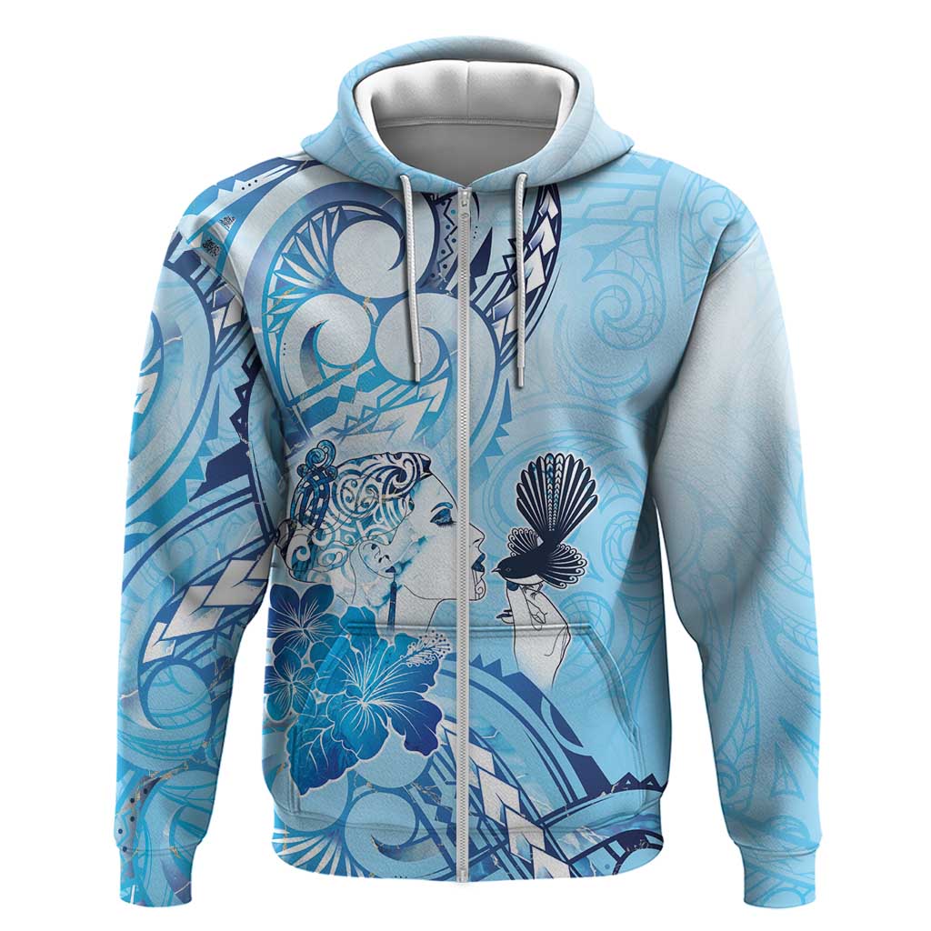 Aotearoa Maori Wahine Zip Hoodie Fantail Bird Blue Gold Marble LT05 Zip Hoodie Blue - Polynesian Pride