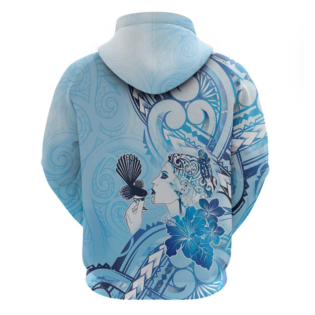Aotearoa Maori Wahine Zip Hoodie Fantail Bird Blue Gold Marble LT05 - Polynesian Pride
