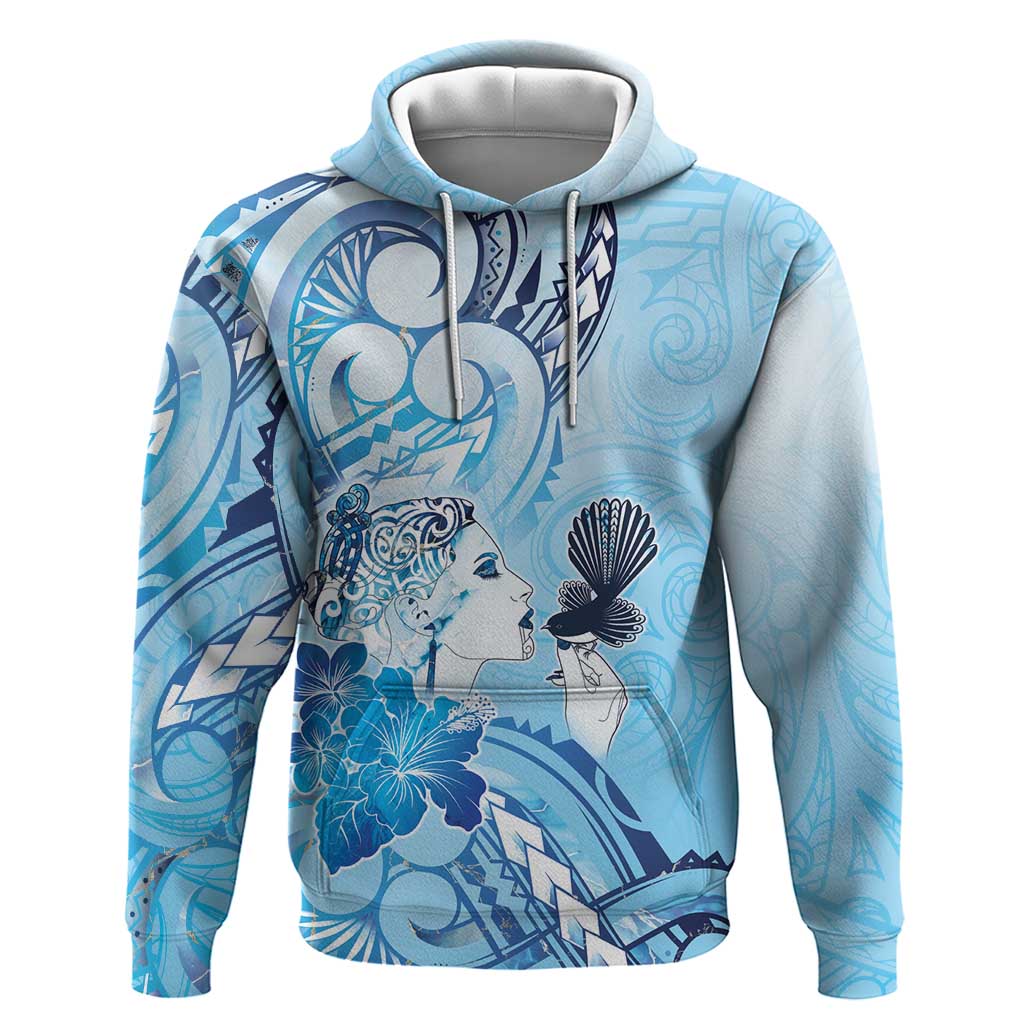 Aotearoa Maori Wahine Zip Hoodie Fantail Bird Blue Gold Marble LT05 Pullover Hoodie Blue - Polynesian Pride