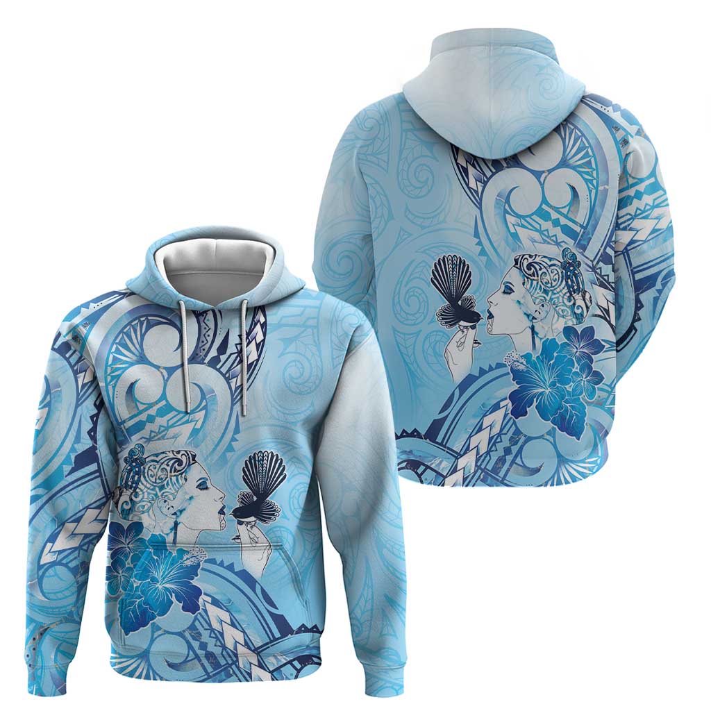 Aotearoa Maori Wahine Zip Hoodie Fantail Bird Blue Gold Marble LT05 - Polynesian Pride