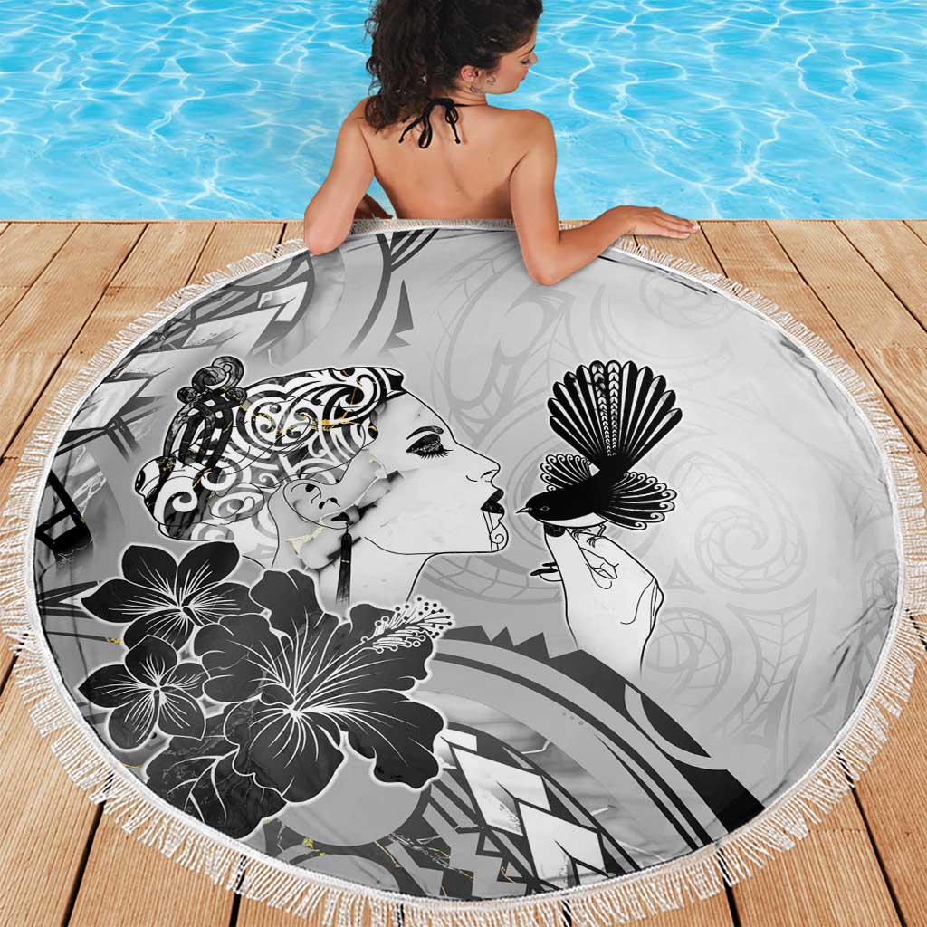 Aotearoa Maori Wahine Beach Blanket Fantail Bird Black Gold Marble