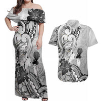 Aotearoa Maori Wahine Couples Matching Off Shoulder Maxi Dress and Hawaiian Shirt Fantail Bird Black Gold Marble