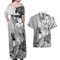 Aotearoa Maori Wahine Couples Matching Off Shoulder Maxi Dress and Hawaiian Shirt Fantail Bird Black Gold Marble