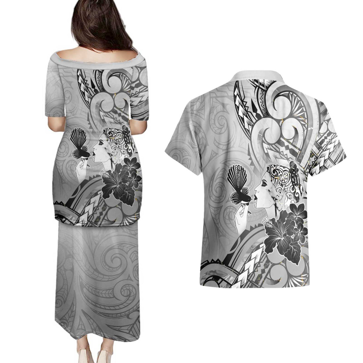 Aotearoa Maori Wahine Couples Matching Puletasi and Hawaiian Shirt Fantail Bird Black Gold Marble