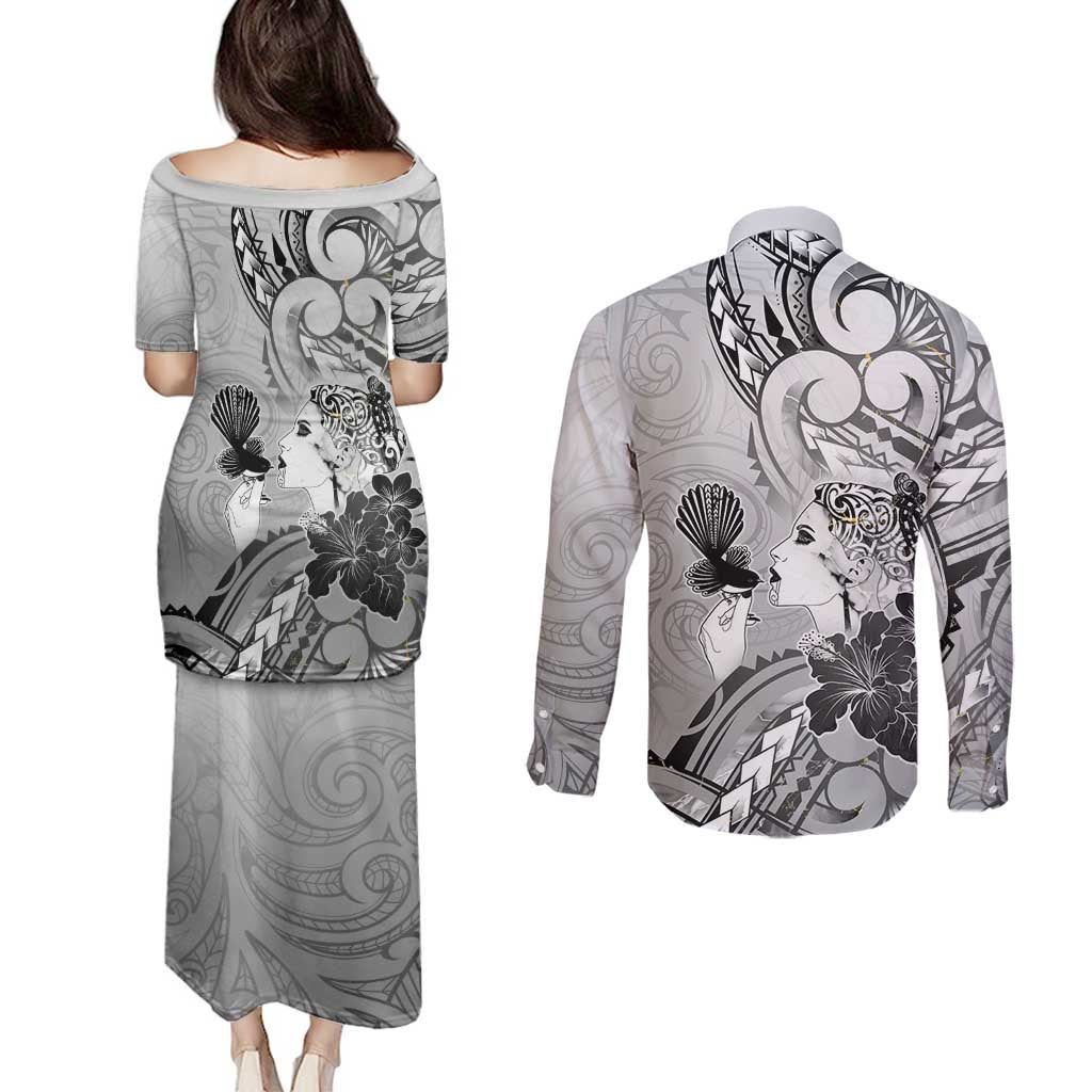 Aotearoa Maori Wahine Couples Matching Puletasi and Long Sleeve Button Shirt Fantail Bird Black Gold Marble