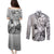 Aotearoa Maori Wahine Couples Matching Puletasi and Long Sleeve Button Shirt Fantail Bird Black Gold Marble