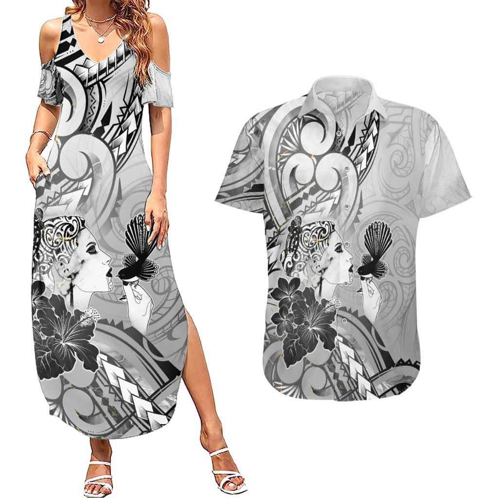 Aotearoa Maori Wahine Couples Matching Summer Maxi Dress and Hawaiian Shirt Fantail Bird Black Gold Marble