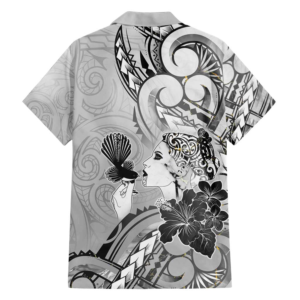 Aotearoa Maori Wahine Family Matching Long Sleeve Bodycon Dress and Hawaiian Shirt Fantail Bird Black Gold Marble LT05 - Polynesian Pride