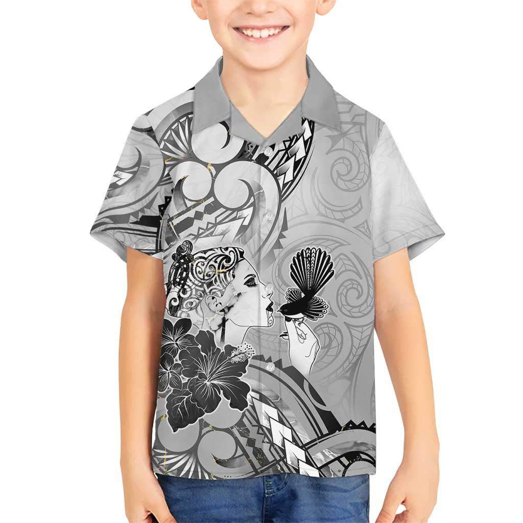 Aotearoa Maori Wahine Family Matching Long Sleeve Bodycon Dress and Hawaiian Shirt Fantail Bird Black Gold Marble LT05 Son's Shirt Black - Polynesian Pride