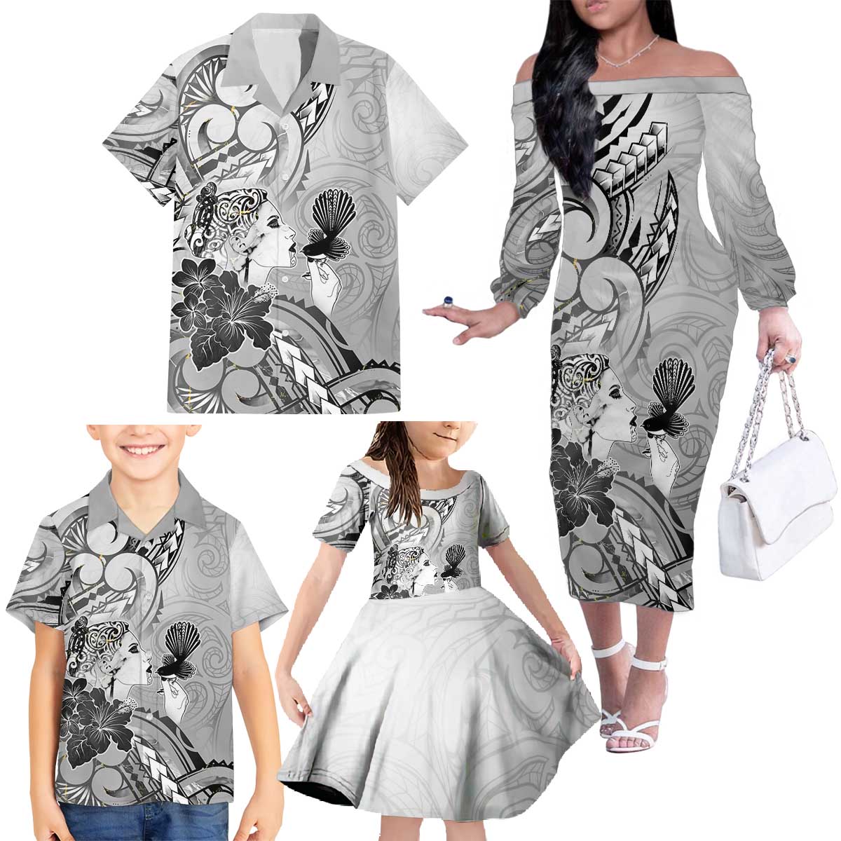 Aotearoa Maori Wahine Family Matching Off The Shoulder Long Sleeve Dress and Hawaiian Shirt Fantail Bird Black Gold Marble