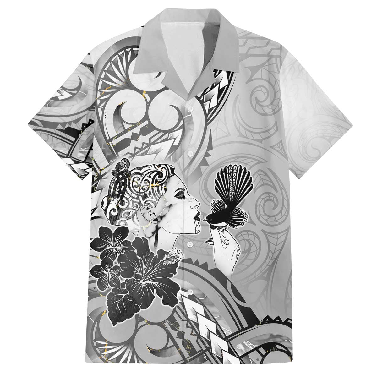 Aotearoa Maori Wahine Family Matching Off The Shoulder Long Sleeve Dress and Hawaiian Shirt Fantail Bird Black Gold Marble